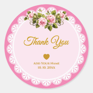 Elegante rosa Blumen-Spitze "Danke" personalisiert Runder Aufkleber