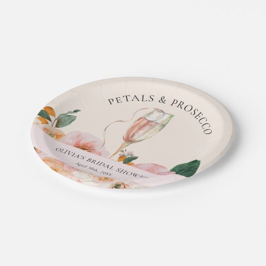 Elegante rosa Blumenblättern Prosecco Bridal Dusch Pappteller (Schrägansicht)