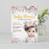 Elegante Rosa Blumendelle Girl Gold Foil Kinderdus Folieneinladung (Stehend vorne)