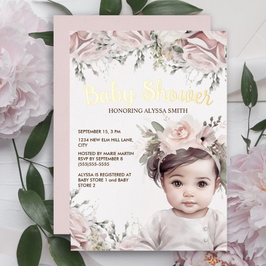 Elegante Rosa Blumendelle Girl Gold Foil Kinderdus Folieneinladung
