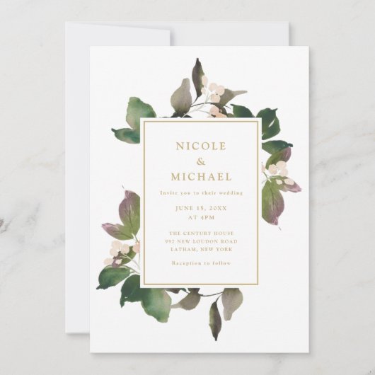 Elegante Rosa Blumengrün Einladung zur Hochzeit (Vorderseite)