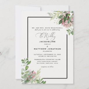 Elegante Rosa Blumengrün Hochzeit Einladung