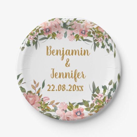 Elegante rosa Blumengrün und goldene Hochzeit Pappteller (Vorderseite)