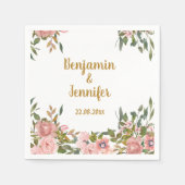 Elegante rosa Blumengrün und goldene Hochzeit Serviette (Vorderseite)