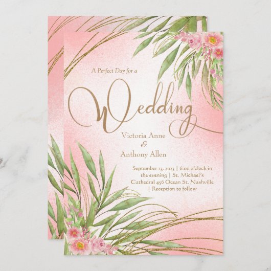 Elegante Rosa Blumengrün Wasserfarbenprägung Einladung (Vorne/Hinten)