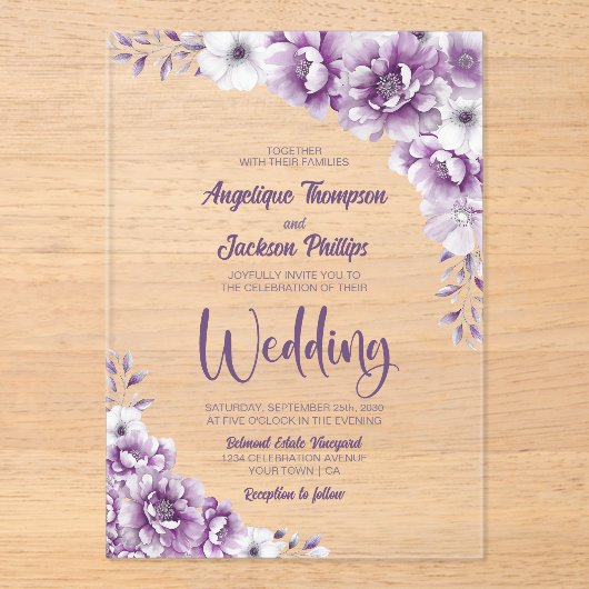 Elegante rosa Blumenhochzeit Acryleinladungen (Vorderseite)