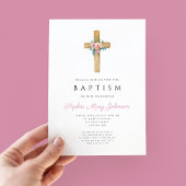 Elegante rosa Blumenkreuz Taufe Einladung