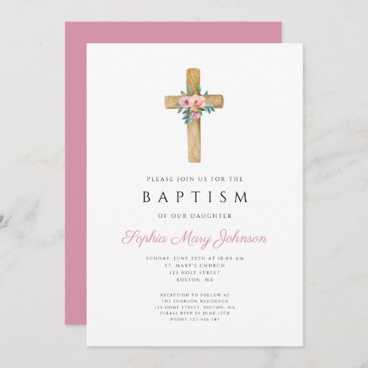 Elegante rosa Blumenkreuz Taufe Einladung (Vorne/Hinten)