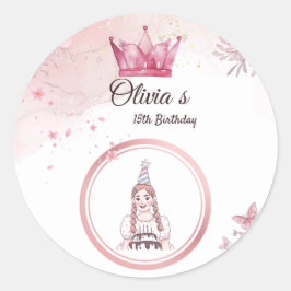 Elegante Rosa Blumenkrone 15. Geburtstagsaufkleber Runder Aufkleber
