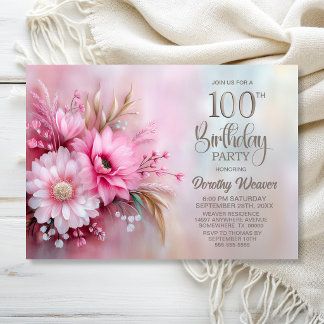 Elegante rosa Blumenparty zum 100. Geburtstag Einladung