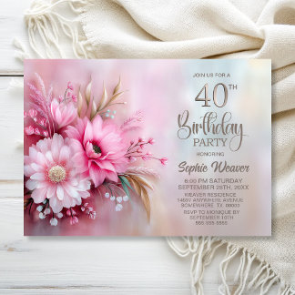 Elegante rosa Blumenparty zum 40. Geburtstag Einladung