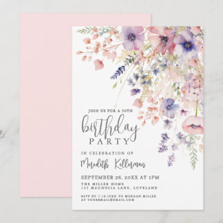 Elegante rosa Blumenparty zum 50. Geburtstag Einladung