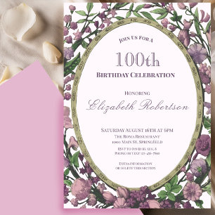 Elegante rosa Blumenrand Damen 100. Geburtstag Einladung