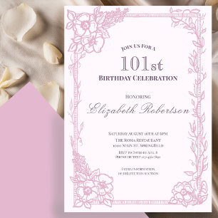 Elegante rosa Blumenrand-Damen-101. Geburtstag  Einladung