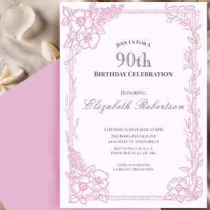 Elegante rosa Blumenrand-Damen-90. Geburtstag Einladung