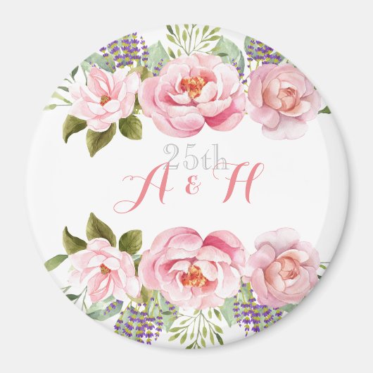 Elegante Rosa Blumenreath Monogram, 25. Hochzeit Magnet (Vorne)