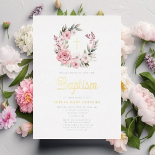 Elegante Rosa Blumenreath Taufe Gold Folieneinladung