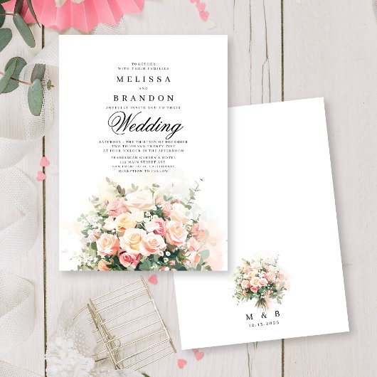 Elegante rosa Blumenstrauß Monogram Wedding Einladung