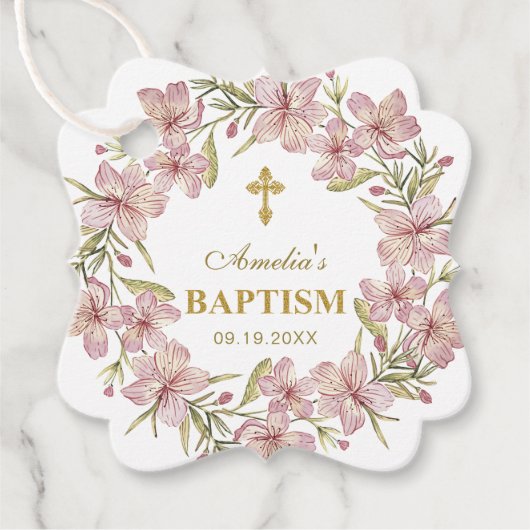 Elegante rosa Blumentaufe Vielen Dank Geschenkanhänger (Vorderseite)