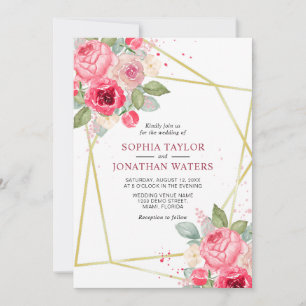 Elegante rosa Blush Bloral Golden Geometding Hochz Einladung