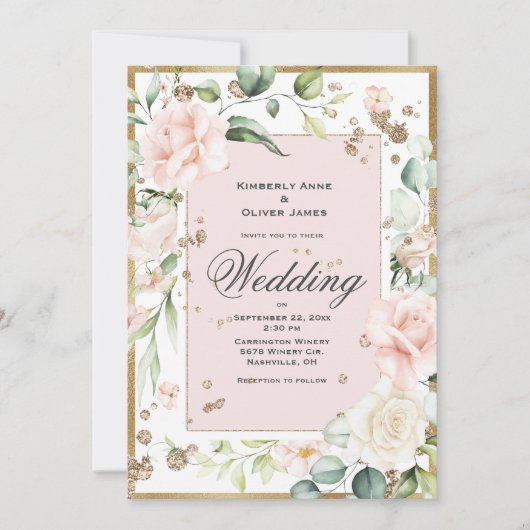 Elegante Rosa Blush Bloral Wedding Einladung (Vorderseite)