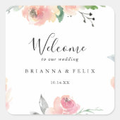 Elegante Rosa Blush Bloral Wedding Willkommen Quadratischer Aufkleber (Vorderseite)