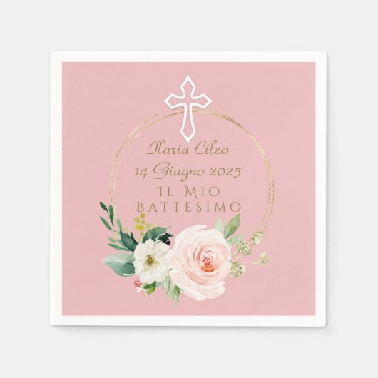 Elegante rosa Blush Bloral Weiße Taufe Serviette (Vorderseite)