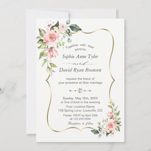 Elegante Rosa Blush Blume Goldrahmen Hochzeit Einladung (Vorderseite)