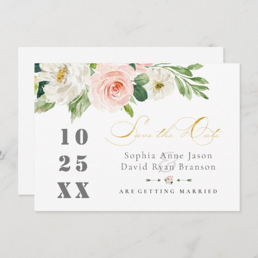 Elegante Rosa Blush Blume Hochzeit Gold Save The Date (Vorne/Hinten)