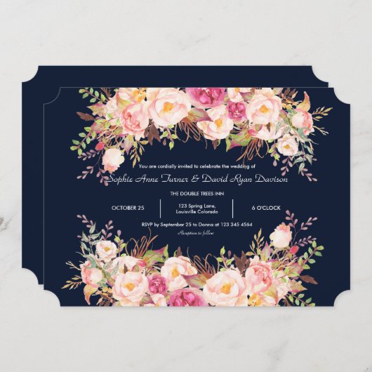 Elegante Rosa Blush Blume Navy Blue Wedding Einladung (Vorne/Hinten)