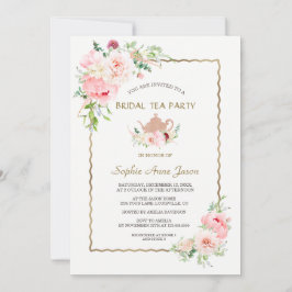 Elegante rosa Blush Blumen Goldene Hochzeits-Teepa Einladung