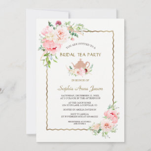 Elegante rosa Blush Blumen Goldene Hochzeits-Teepa Einladung