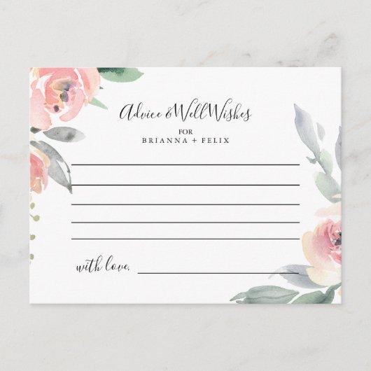 Elegante Rosa Blush Floral Wedding Advice Card Postkarte (Vorderseite)