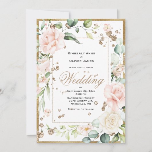 Elegante Rosa Blush Gold Bloral Hochzeit Einladung (Vorderseite)