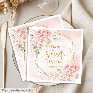 Elegante Rosa Blush Gold Blumen Sweet 16 Party Serviette