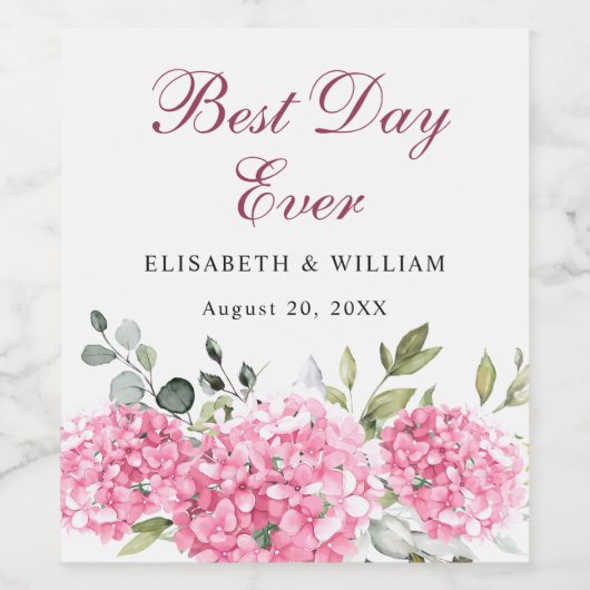 Elegante Rosa Blush Hydrangea Eukalyptus Wedding Weinetikett (Einzelnes Label)