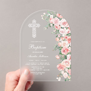 Elegante rosa Blush Rosen Bogen Taufe Acryleinladungen