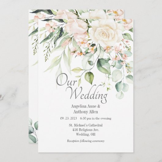 Elegante Rosa Blush Wasserfarben Blumenzehen Einladung (Vorne/Hinten)