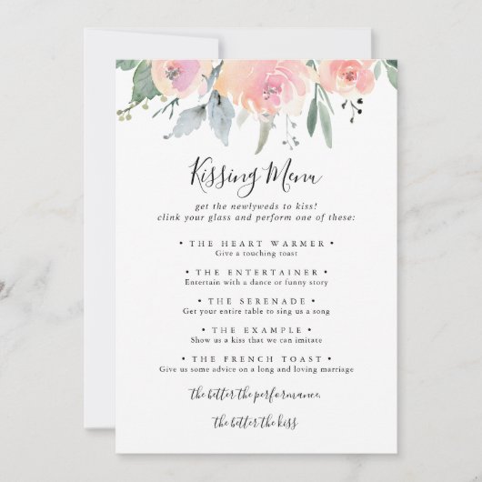 Elegante Rosa Blush Wedding Kissing Menu Game Card (Vorderseite)