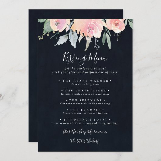 Elegante Rosa Blush Wedding Kissing Menu Game Card (Vorne/Hinten)