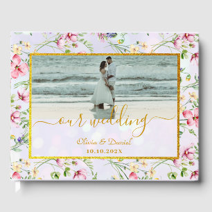 Elegante rosa Blüten Aquarell-Hochzeit Gästebuch