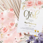 Elegante Rosa Blütengold Girl Babydusche Folieneinladung
