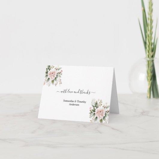 Elegante Rosa Blütengrün Hochzeit Dankeskarte (Vorderseite)