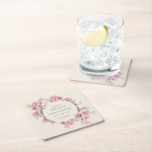Elegante rosa Blütenhochzeit speichern das Datum Rechteckiger Pappuntersetzer (Vor Ort)