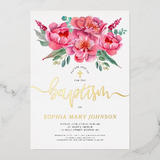 Elegante rosa Blütentaufe Gold Einladung (Vorderseite)