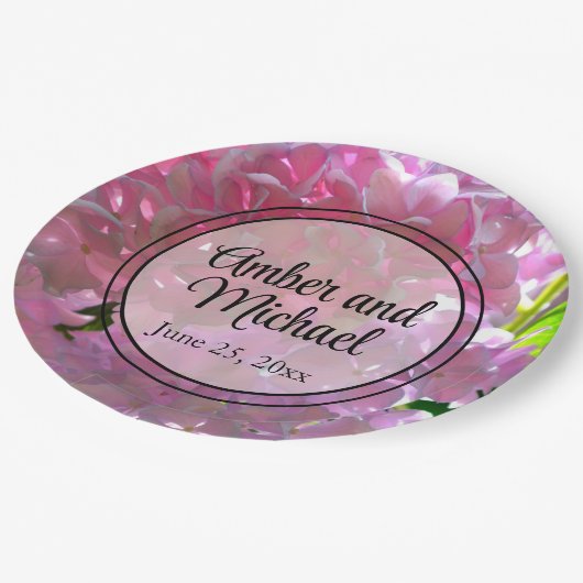 Elegante Rosa Boho Blumen Blume Hydrangeas Pappteller (Schrägansicht)