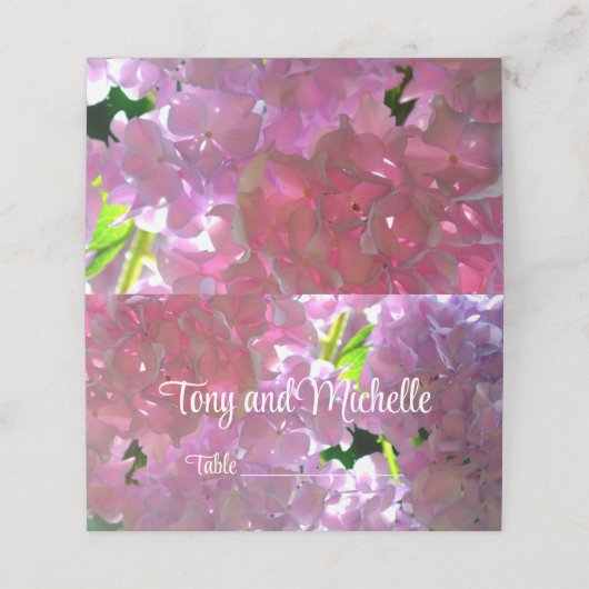 Elegante Rosa Boho Blumen Blume Hydrangeas Platzkarte (Außenseite Aufgefaltet)