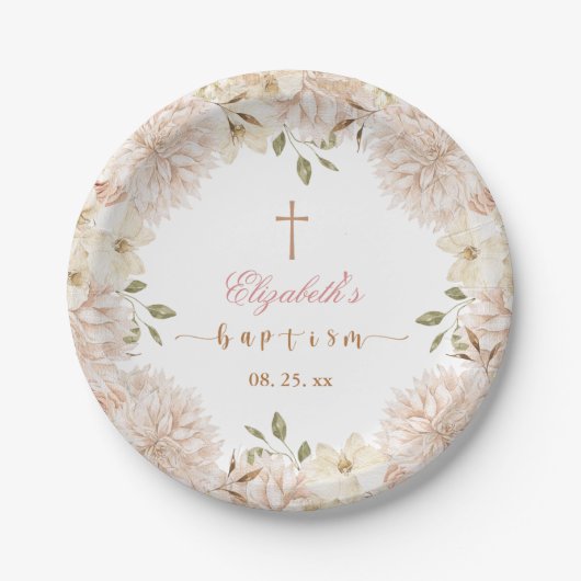 Elegante rosa Boho Blumentaufen Papiertafel Pappteller (Vorderseite)
