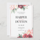 Elegante rosa bordeauxfarbene Hochzeit mit Blumen Einladung (Vorderseite)