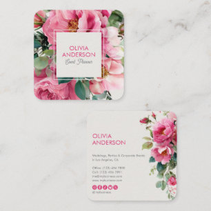 Elegante rosa botanische Aquarell-Blumen Quadratische Visitenkarte